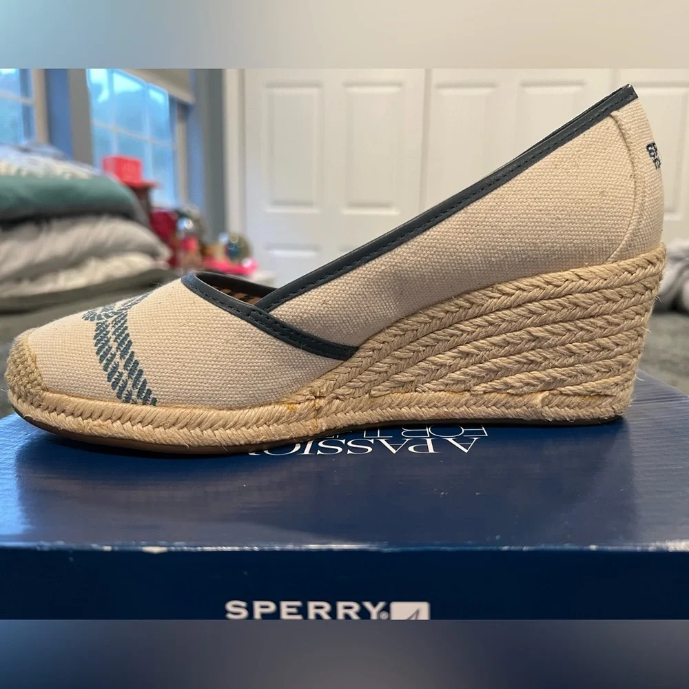 Sperry Cream Canvas Wedge Espadrilles with Navy Rope Detail